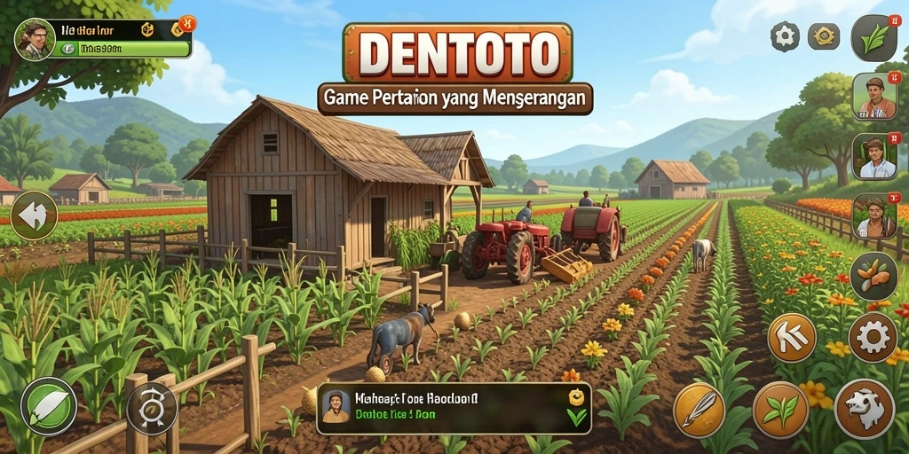 Screenshot utama DENTOTO menampilkan peternakan yang hijau dan subur.