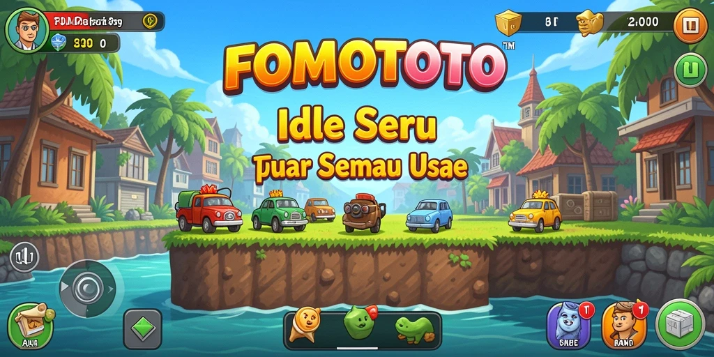 Tangkapan layar utama dari <strong>FOMOTOTO</strong> menampilkan gameplay yang penuh warna dan karakter yang unik.