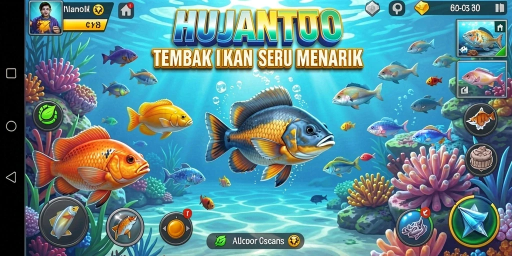 Screenshot gameplay HUJANTOTO menampilkan aksi tembak ikan yang mendebarkan.