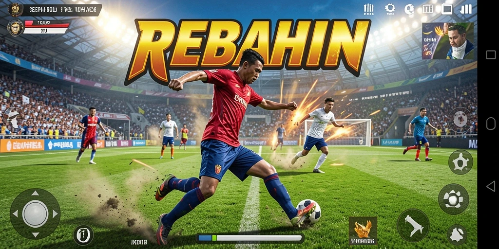 Tampilan gameplay seru dari REBAHIN di lapangan sepak bola.