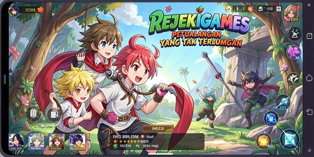 Screenshot utama REJEKIGAMES menampilkan karakter Anime dalam aksi.