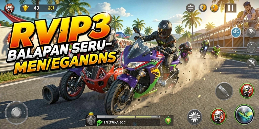 Screenshot gameplay RVIP3 menampilkan balapan mendebarkan di lintasan.