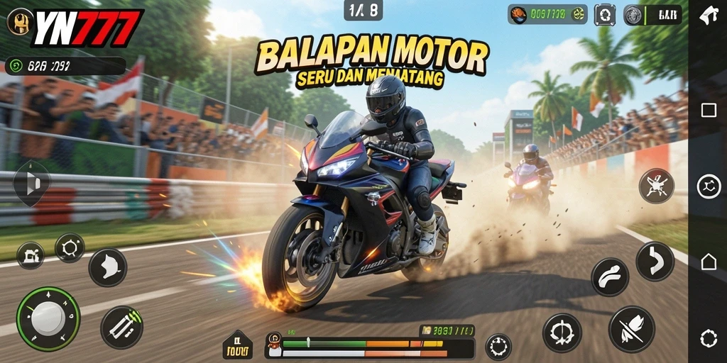 Tampilan gameplay YN777 dengan aksi balapan motor yang seru.
